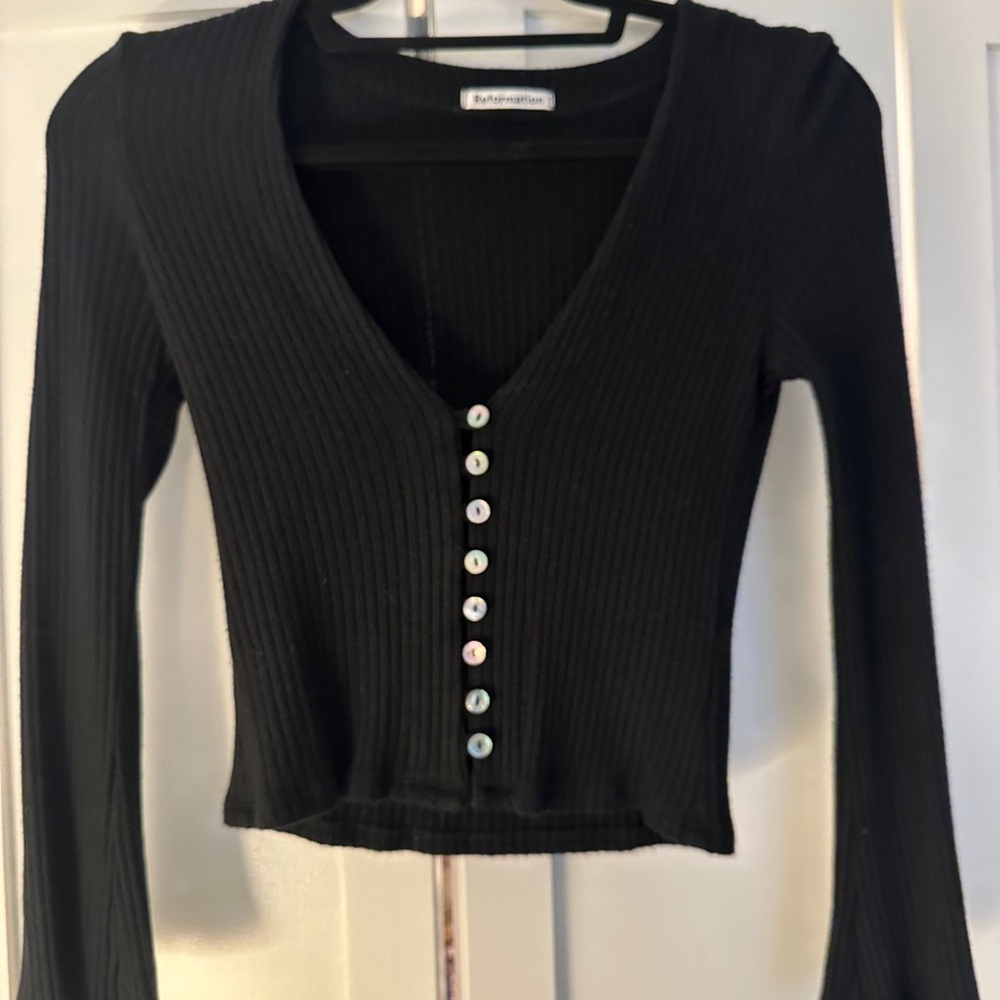 Reformation Black Long Sleeve V-Neck Top